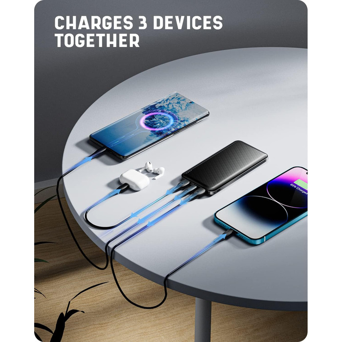 Портативний зарядний акумулятор Power Bank 10000mAh, ультратонкий, з USB-C, 2 USB виходи, сумісний з iPhone, iPad, Samsung, AirPods