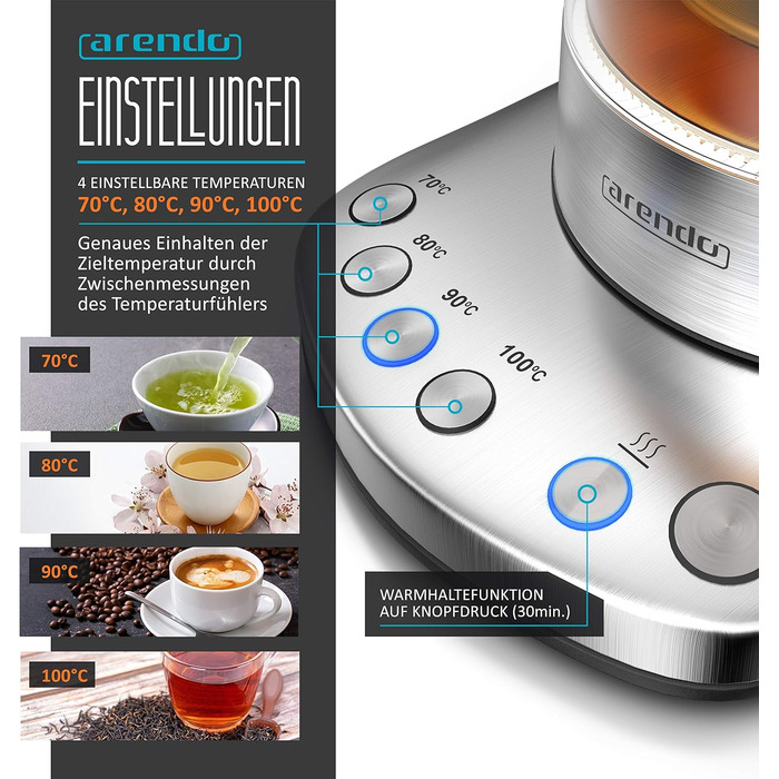 Arendo - Glass Water Kettle with Temperature Setting and Tea Strainer - Electric Kettle in Stainless Steel - Temperatures 70, 80, 90, 100 Degrees - 1.7 Liter - 2400 Watt - Keep Warm Function - BPA Free