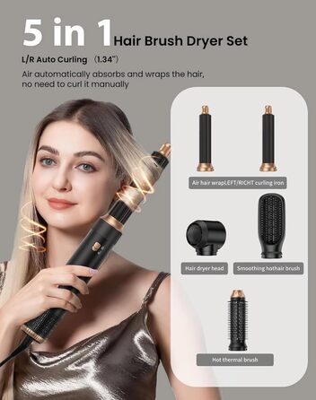 Набір для укладки волосся 6 в 1: фен-щітка, плойка, негайні іони, 110000 обертів, регулювання температури, тиха робота (чорний)