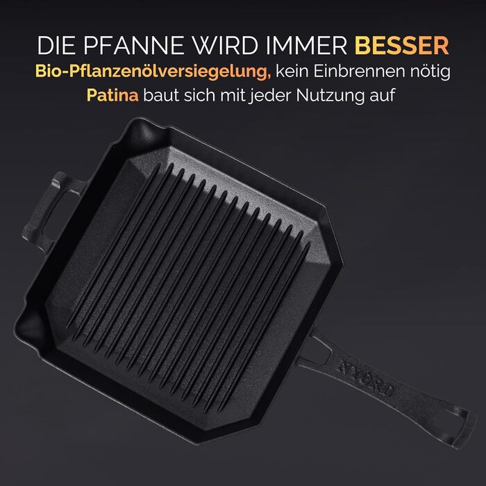 Чавунна сковорода-гриль NYORD з ребрами та виливом | Для індукції, газових плит, кераміки, грилю та духовки | Преміум якість
