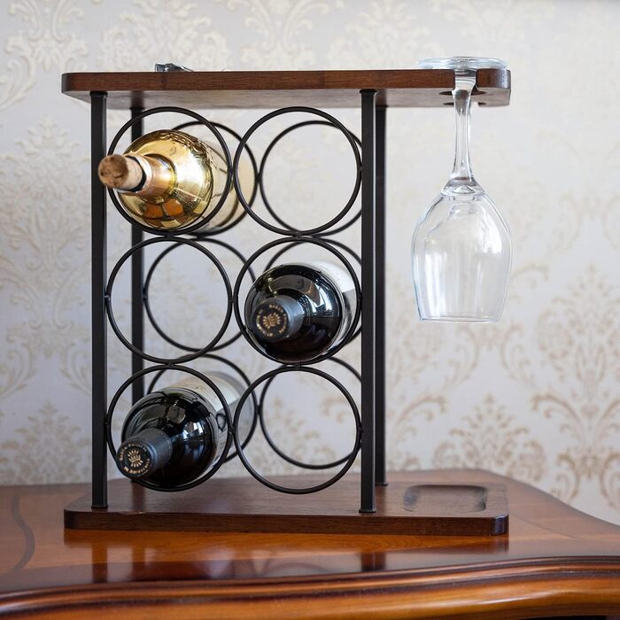 Wine rack for 6 bottles, wine bottle holder, 3 tiers, with 2 wine glasses.
