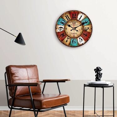 VIKMARI Quartz Wall Clock Wood Silent Hanging Clock, Battery-Powered Round Rustic Clock, Easy to Read Vintage Indoor Wall Clock || 14' (Colorful Arabic Numerals, 30 cm)