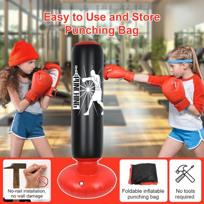 Дитячий боксерський мішок Qoosea, 160 см, надувний, з боксерськими рукавичками, для карате, кікбоксингу, таеквондо, MMA, подарунок для хлопчиків та дівчаток 3-12 років