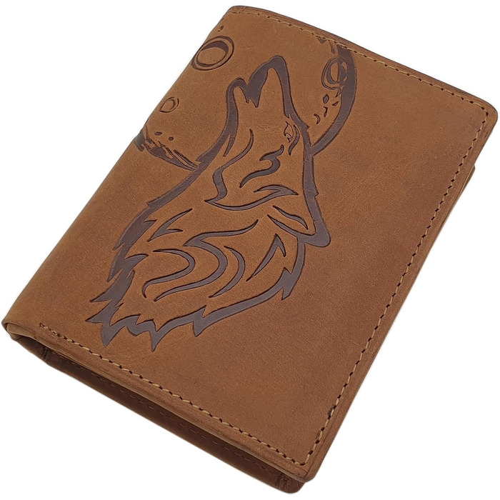 myledershop Genuine Buffalo Leather Wallet/Bifold/Cardholder/Money Clip in Portrait or Landscape Orientation with Wolf Motif and RFID & NFC Protection (Model 1 / Portrait/Cognac)