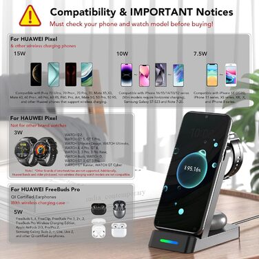 Бездротовий зарядний пристрій 3-в-1 для Huawei P60, P50, Mate 60, Mate 50, Watch GT4/GT3 (не підходить для GT/GT2/GT2e)