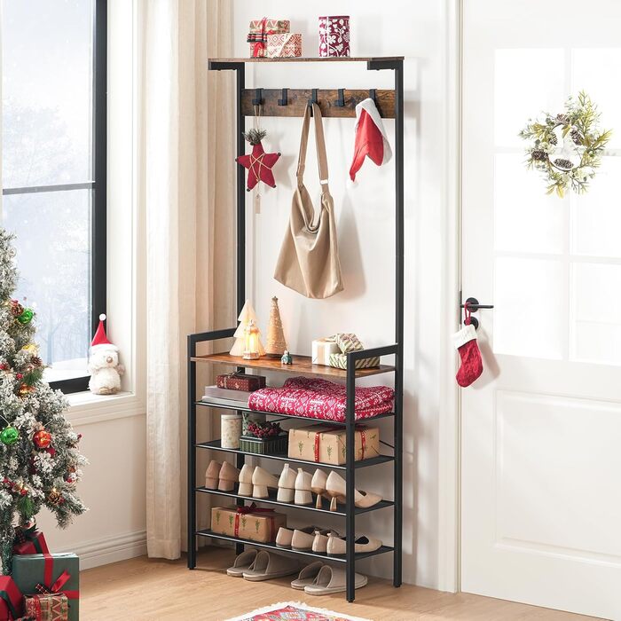 HOOBRO Coat Rack, 5-Tier Shoe Shelf, Wardrobe, Clothes Rack with 5 Removable Hooks, Top Shelf, Entryway, Living Room, Vintage Brown-Black EBF74MT01