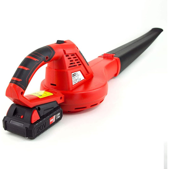 Grafner cordless leaf blower with 20-volt lithium-ion battery and quick charger, 200 km/h blowing speed, anti-vibration handle, compact and handy design, powerful airflow in red