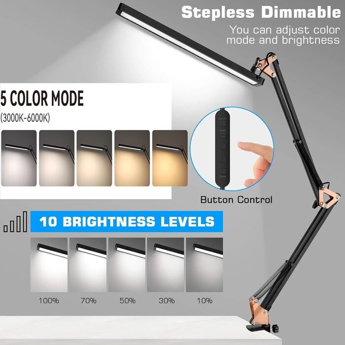 SKYLEO Dimmable Desk Lamp with Clip - Eye Protection LED Desk Light - 3 Modes & 10 Brightness Levels - Black (Rose Gold & Black)
