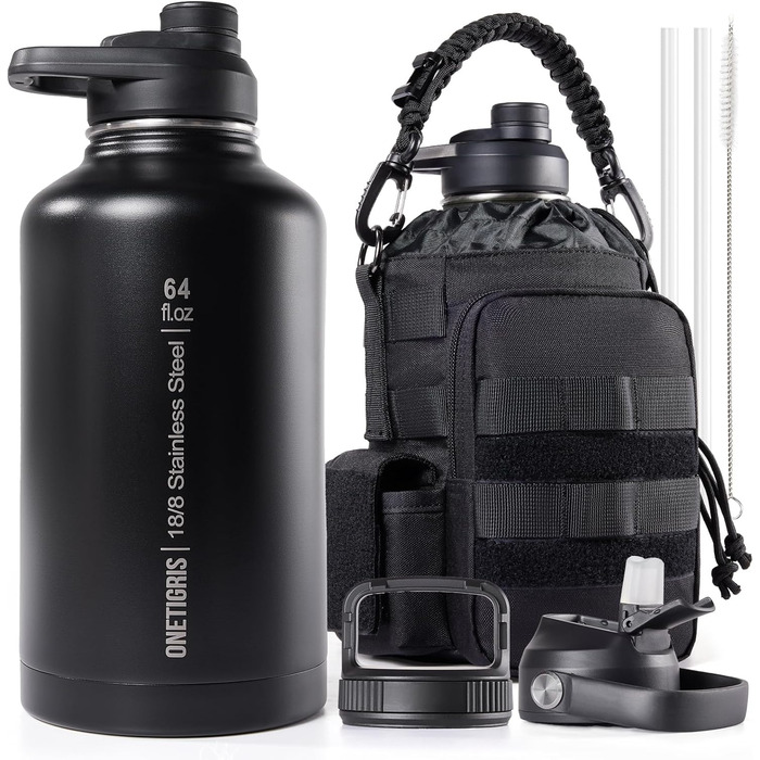 OneTigris Stainless Steel Water Bottle, 1.9L High Capacity, Insulated Sports Bottle for Cycling, Camping, Yoga, Gym, Softair, OD Green, 64oz (Black)