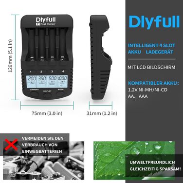 Зарядний пристрій Dlyfull для акумуляторів AA AAA: швидка зарядка, відновлення, розрядка, сумісний з NI-MH, NI-CD