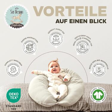 Подушка для годування sei Design XXL 190x30 см з мусліновою наволочкою, ергономічна, для вагітних, для сну на боці, комфортна подушка для дорослих, наволочка з 100% органічної бавовни муслін