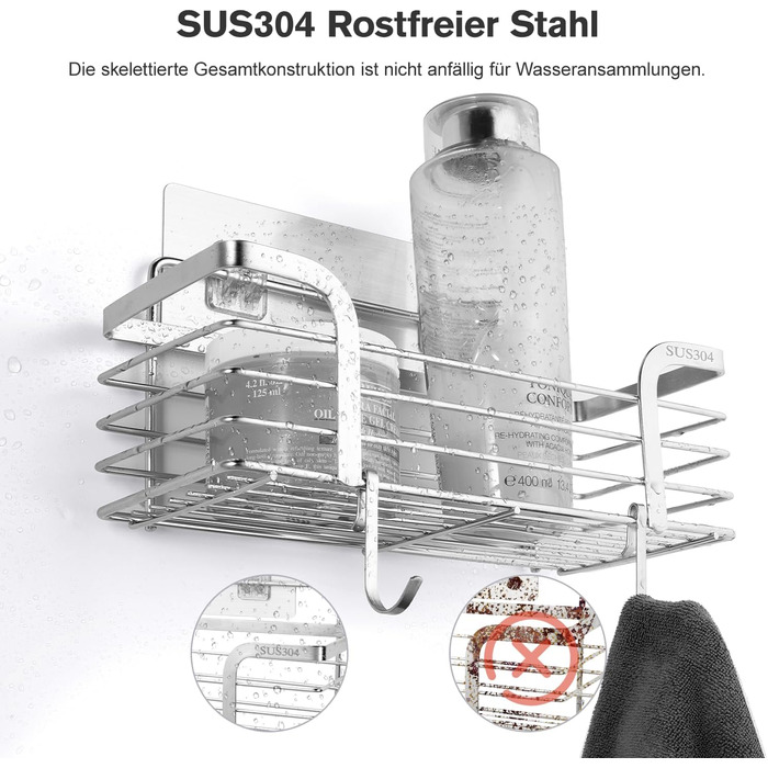 Поличка для душу Carehabi без свердління, 2 шт. Органайзер для ванної кімнати, полиця для душу з нержавіючої сталі з 4 гачками для шампуню та гелю для душу