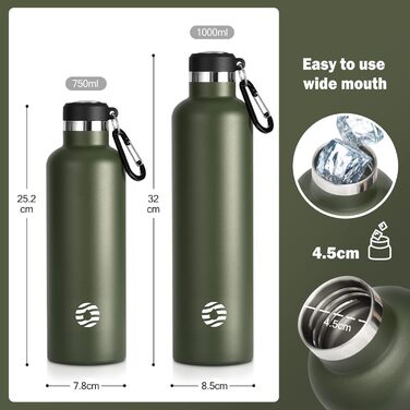 FEIJIAN FJbottle 316 Stainless Steel Vacuum Insulated Water Bottle 750ml/1000ml with Carabiner, BPA-Free Bottles, Leak-Proof Sports Bottle for Sports, Work, and Travel (1000 ml, Dark Green)