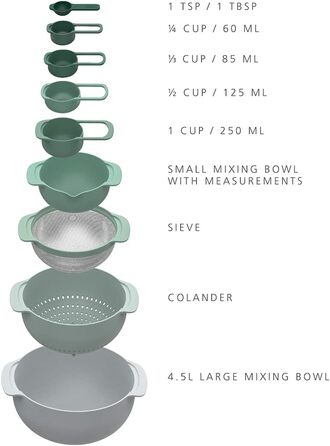 Joseph Joseph Nest 9 Plus, 9-piece compact food preparation set with mixing bowls, measuring cups, colander and sieve, Editions Range, Sage Green, Green