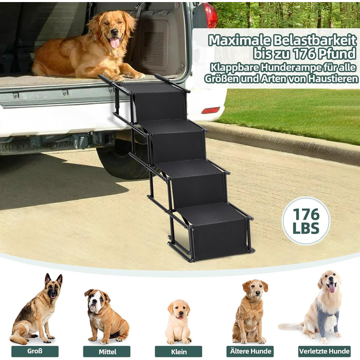 Folding Dog Ramp for Cars - 4 Step Pet Staircase, Up to 80kg, Black - Gentle on Joints