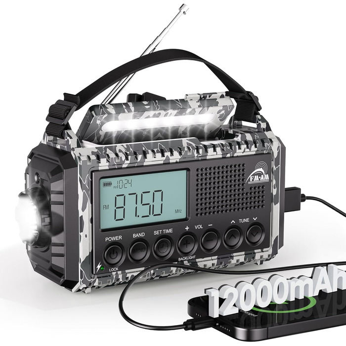Радіоприймач AM/FM/SW для будівельних майданчиків, радіо з ручним приводом та світовим приймачем, радіо для надзвичайних ситуацій з роз'ємом Type C, Powerbank/SOS-сигнал/ліхтарик/лампа для читання/IPX4, портативне радіо для активного відпочинку, піших про