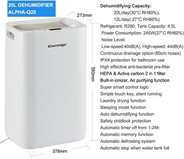 Зволожувач повітря Greenmigo 13L/24h - Електричний осушувач для дому, квартири, підвалу. Захист від вологи та плісняви, до 50 м²