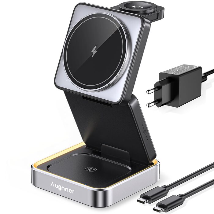 Зарядний пристрій 3-в-1 для Apple Watch та iPhone MagSafe, складна бездротова зарядка для AirPods Pro/3/2. Підходить для Apple Watch, iPhone 17/16/15/14/13. Білий (Чорний)