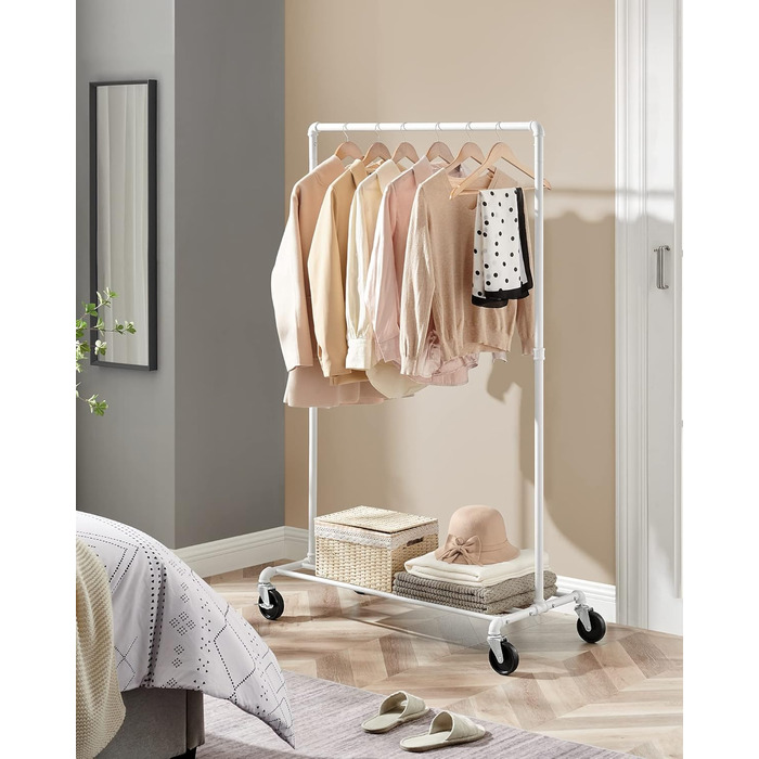 SONGMICS Clothes Rack, Garment Rod, with Wheels, Load Capacity up to 90 kg, Coat Rack with 1 Garment Rod and Shelf, Industrial Design, for Bedroom, Laundry Room, HSR61BK (White)