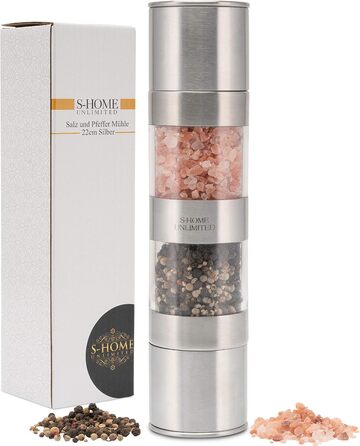 Мельниця для солі та перцю 2-в-1 з нержавіючої сталі | Ручна мельниця для спецій з керамічним жорном та регульованим ступенем помелу