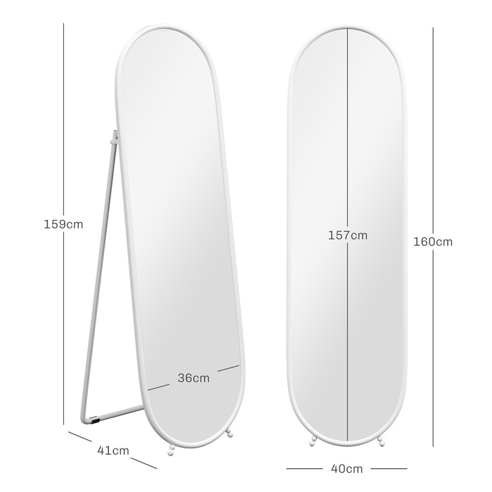 HOMCOM Full Length Mirror, 160 x 40 cm Wall Mirror with Stand, Metal Frame, Oval Standing Mirror for Living Room, Bedroom, White | Aosom