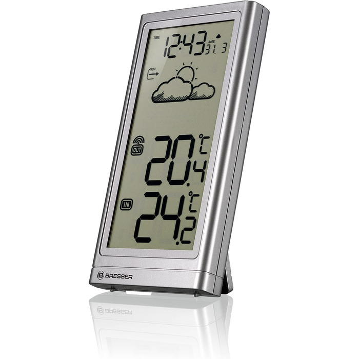 Метеостанція Bresser Meteo Temp з датчиком температури (вуличний/кімнатний), прогнозом погоди, підставкою та кріпленням на стіну, срібляста