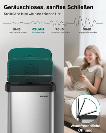 Сміттєвий бак для кухні та офісу lovewind на 60л, металевий педальний відро з м'яким закриттям (Soft-Close) та виймаючою ємністю, сріблястий