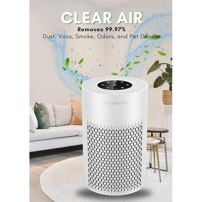 MEGAWISE Повітряний Очищувач для великих приміщень до 100 м², HEPA фільтр H13, датчик якості повітря, нічний режим
