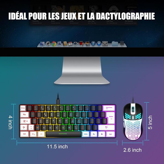 RedThunder K62 Бездротова ігрова клавіатура та миша, RGB, AZERTY, 62 клавіші, міні, для PC/PS5 (Чорний/Білий)