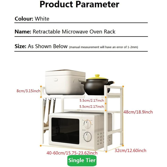 Adjustable Microwave Rice Cooker Stand Holder Kitchen Countertop Storage Organizer Shelf Freestanding Expandable Spice Rack (1 Tier, White)