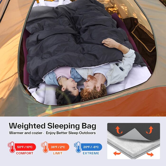 Спальний мішок Ohuhu на 2 особи, 220x150 см, для кемпінгу, подорожей, сімейного відпочинку та фестивалів (чорний, 3.5 кг)