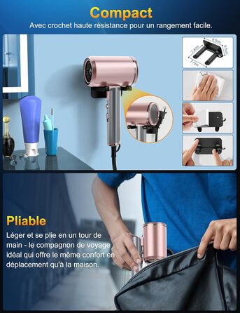 Професійний фен 2400W з іонізацією, складний, для подорожей, з насадкою-дифузором та терморегулятором (сірий/рожевий)