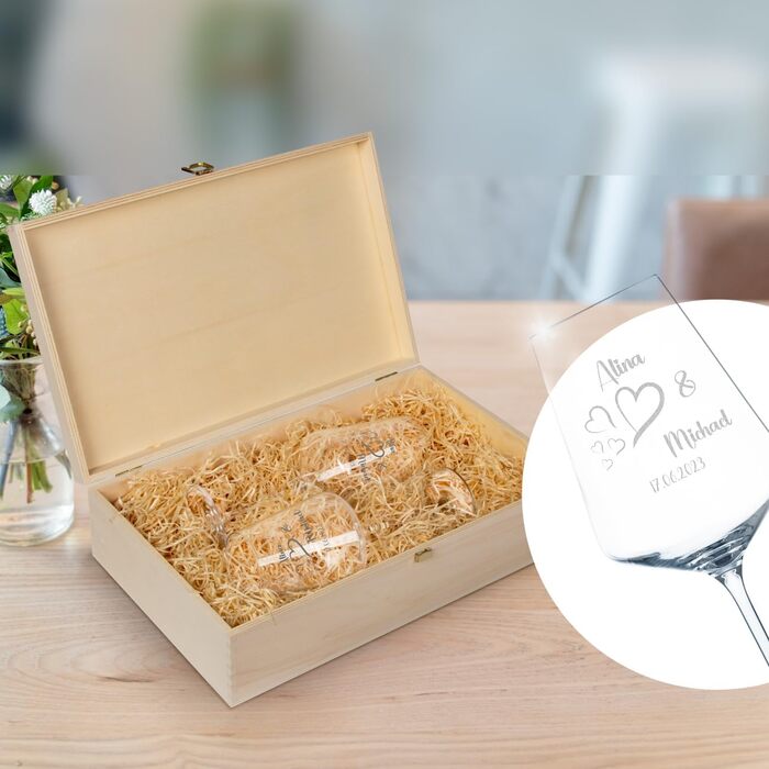 Leonardo Wine Glasses Set of 2 with Wooden Box and Engraving for Him & Her. Only Love Matters. Personalized with Name & Date. Heart-Shaped Glass Leonardo Puccini 560ml