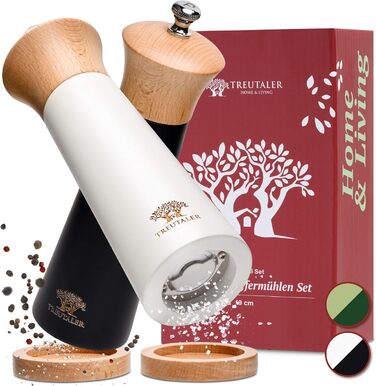 Plastic-Free Salt and Pepper Grinder with Coaster | Spice Grinder Set made of Solid Wood with Stepless Stainless Steel Mechanism and Ceramic Grinder | White & Black
