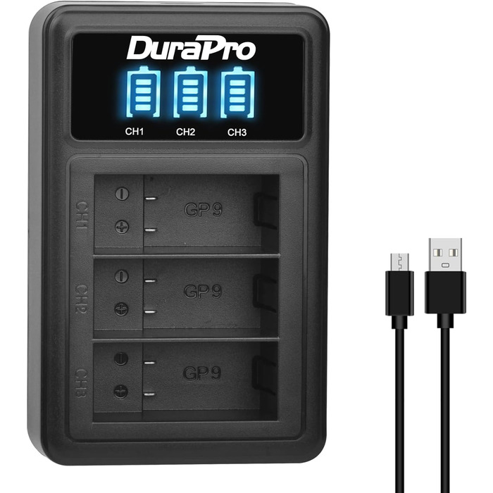 Акумулятор DuraPro 2X + LED зарядний пристрій 3-слоти USB Type-C для GoPro Hero 12/11/10/9 Black