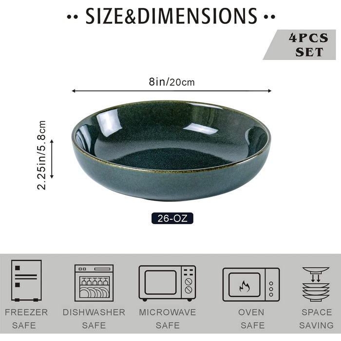 Набір супових тарілок UNICASA, 4 шт, порцеляна, 16 см, 740 мл, зелені