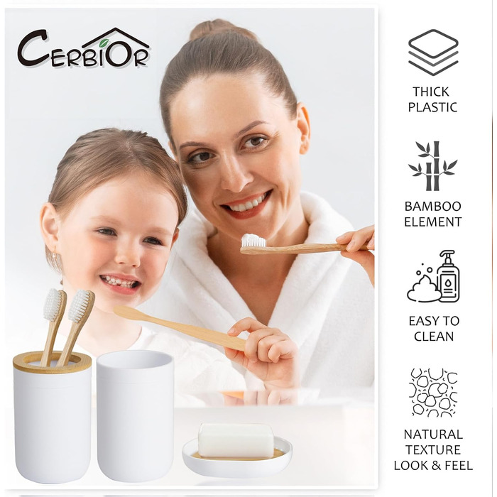CERBIOR Набір аксесуарів для ванної кімнати з бамбука, 6 предметів: мильниця, тримач для зубних щіток, стакан для ополіскування, дозатор для лосьйону, флакон, сміттєвий контейнер, щітка для унітазу, білий