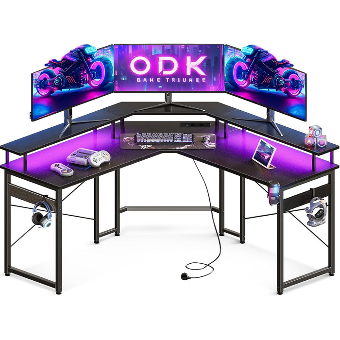 Ігровий стіл ODK з LED-підсвіткою, 2 розетками та 2 USB, кутовий комп'ютерний стіл з великою полицею для монітора, чорний
