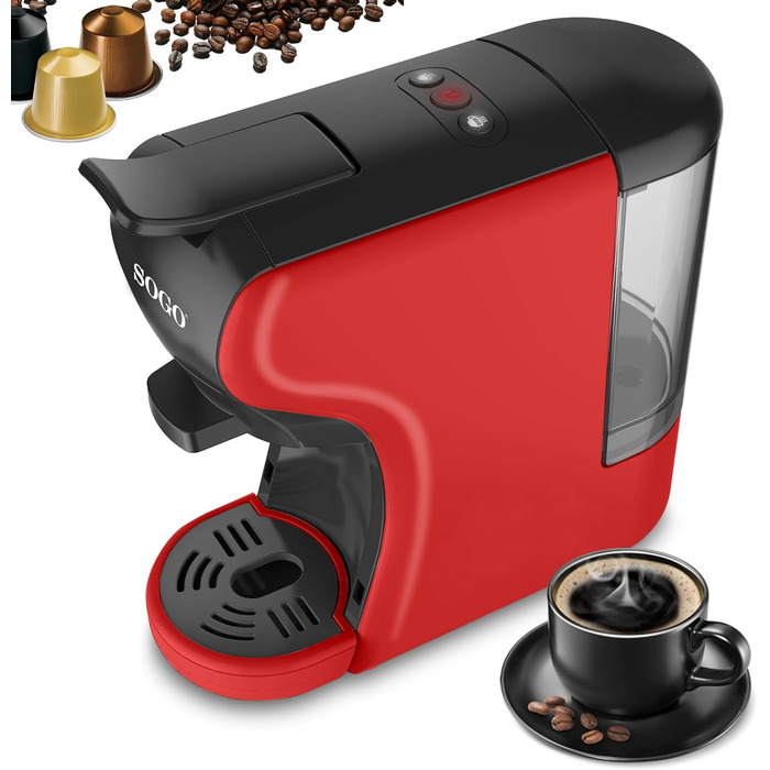 SOGO 3-in-1 Espresso Coffee Machine | Adapter for Capsules of Leading Brands | Ground Coffee, Coffee Pads, Tea | 19 Bar Pressure | Compact Size (SS-5675) (red)