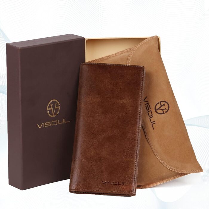 VISOUL Genuine Leather Wallet, Real Vintage Leather XXL, Long Wallet, Credit Card Holder, Men's Wallet, RFID Protection, Wallet, Purse, Wallet, Portmonee, Carbon Brown