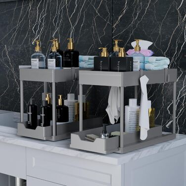 DEKAVA Kitchen Organizer, 2 Under Sink Shelf, Closet Kitchen Organizer with 4 Hooks, Closet Basket for Kitchen, Bathroom, Cleaning Supplies, Laundry Detergent (Grey)