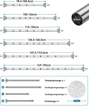 Телескопічна штанга для карнизи/душової кабіни, 79-195 см (срібна)
