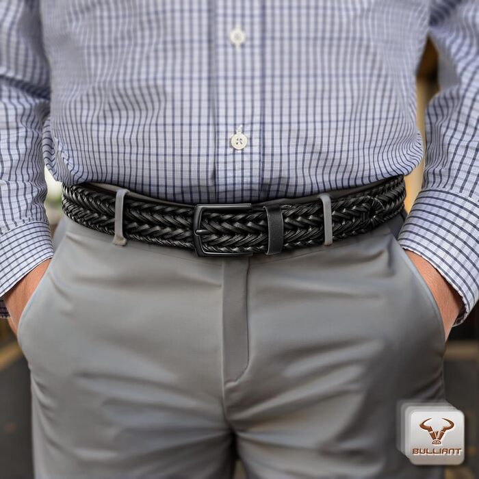 Чоловічі ремені BULLIANT 2 шт. в наборі, плетені шкіряні ремені для гольфу, повсякденного носіння та джинсів, 3,5 см, регульована довжина 120 см (36'-40'), чорний/світло-коричневий, 8115