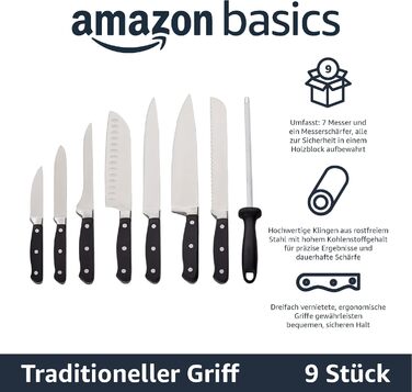 Amazon Basics Premium Knife Block Set - 9 Piece Black Set