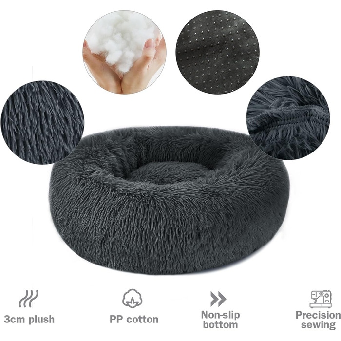 М'яке кругле ліжко для собак та котів з плюшу - Donut. Зручне собаче гніздо, кошик для котів. Можливість прання. Розміри S/M/L/XL/XXL (XXL-80cm, L 60 x 60 x 20 cm). Колір: темно-сірий.