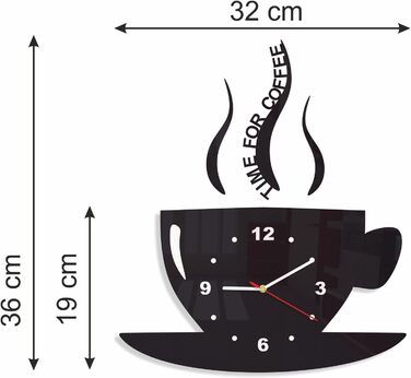 FLEXISTYLE Coffee Time Mug Clock, Modern Kitchen Wall Clock, Black, 3D Roman, Wall Clock Decor, 32 x 19 cm