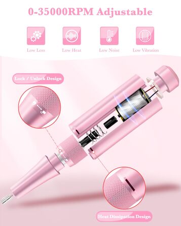 Професійний фрезер для нігтів ENGERWALL 35000 об/хв, акумуляторний електричний фрезер для гелю та акрилу, бездротове манікюрне E-File набір з 7 насадками та 56 шліфувальними бандажами, темно-сріблястого кольору (портативний, акумуляторний - рожево-блакитний)