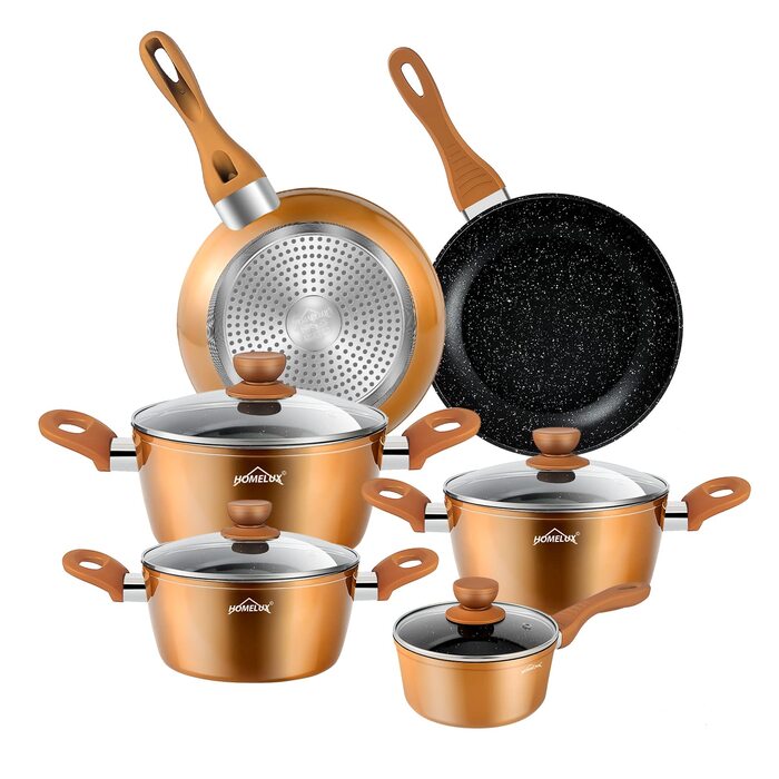 Набір посуду HOMELUX 10 предметів для індукційних плит з алюмінію з антипригарним покриттям, з кришками. Без PFOA.
