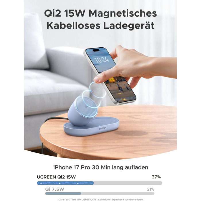 Бездротовий зарядний пристрій UGREEN 2-в-1 15W MagSafe для iPhone 15/14/13/12/17/16 та AirPods, кабель 1м - Синій
