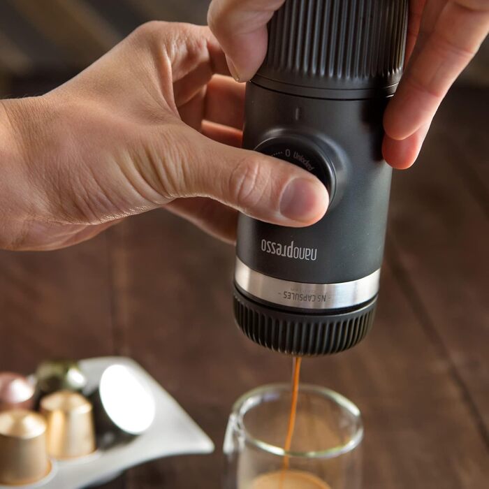 WACACO Nanopresso Portable Espresso Machine with NS Adapter, Compatible with *Nespresso®* Capsules and Ground Coffee, Manual Travel Coffee Machine Set, Perfect for Camping